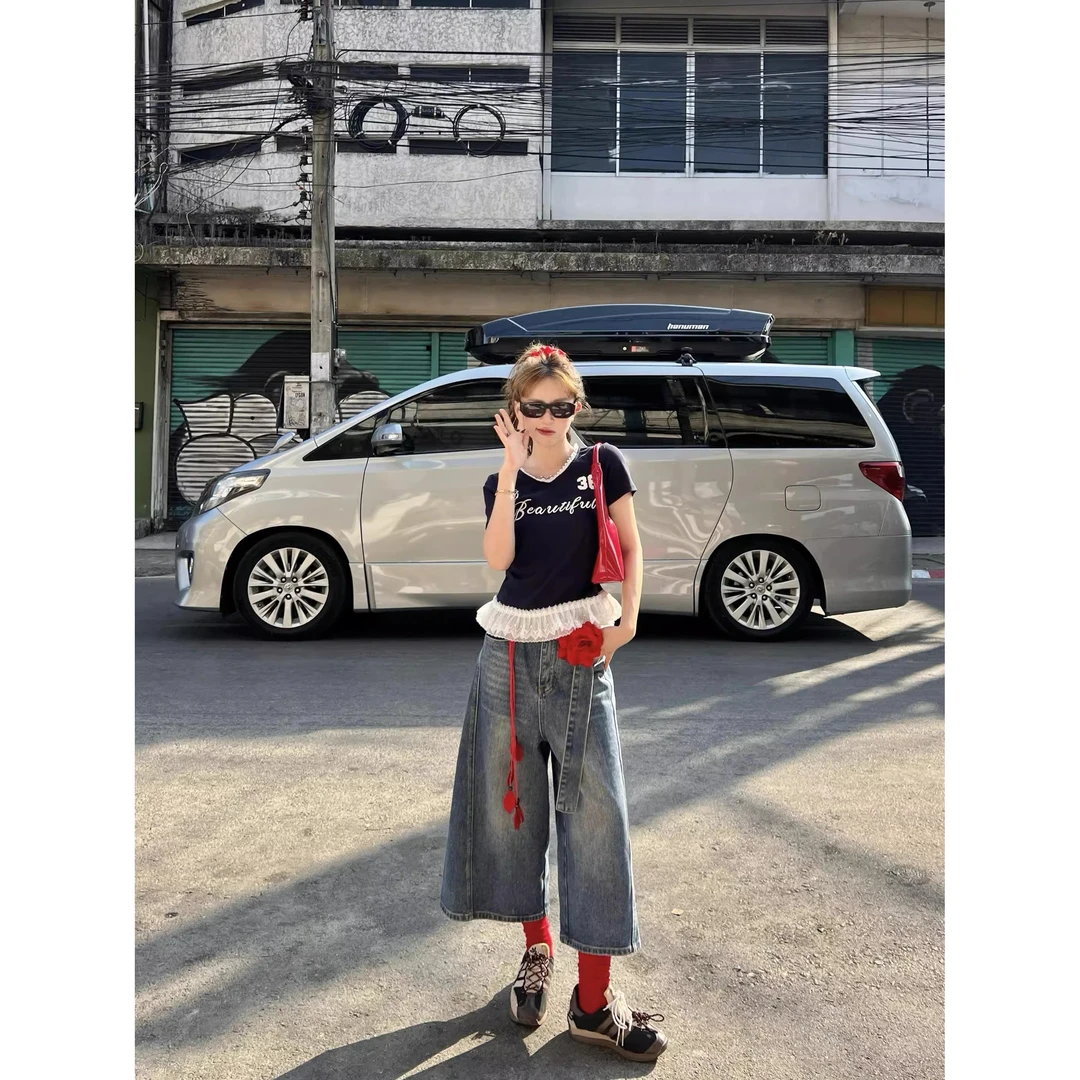 美式洗水蓝阔腿七分牛仔裤女2025夏季高腰宽松显瘦休闲百搭中裤子