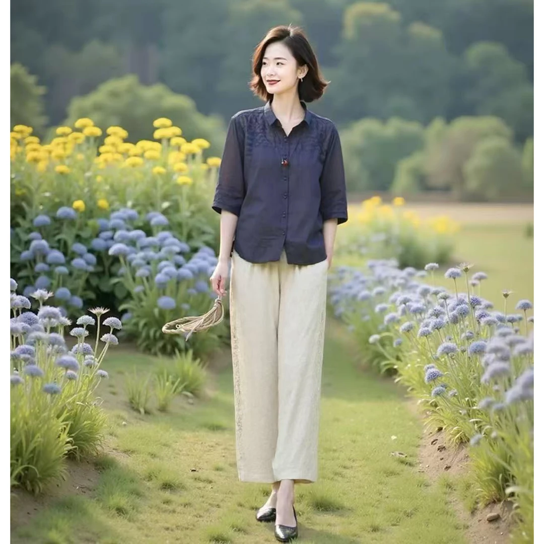 【现货+运费险】天丝麻刺绣两件套翻领宽松衬衫外套百搭套装V1009