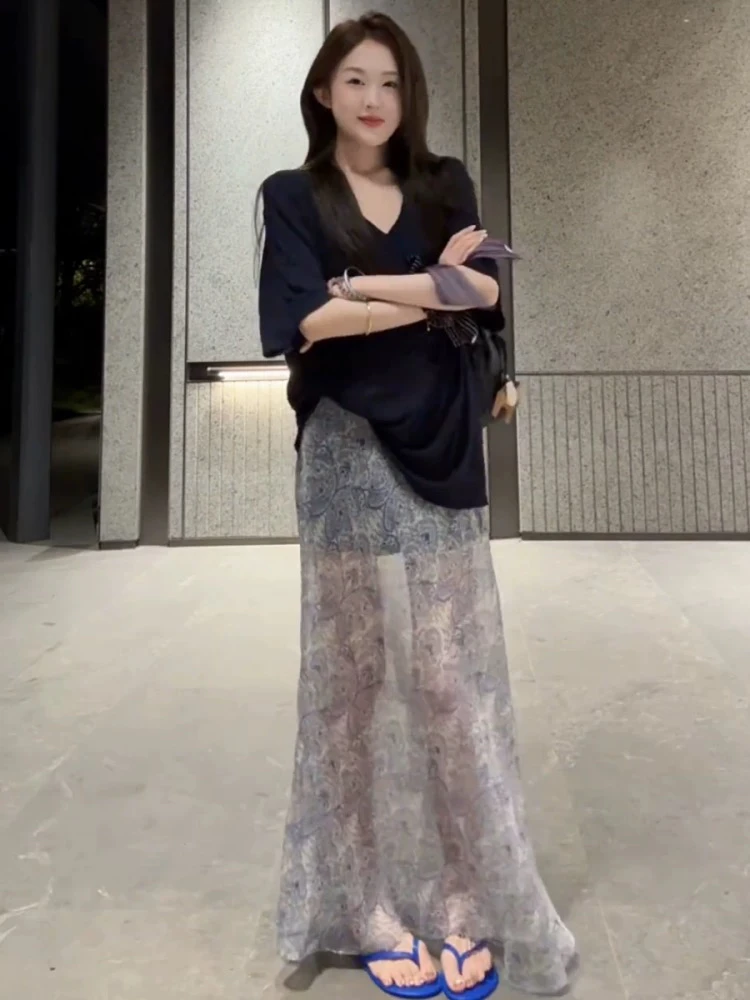 青花瓷套装宽松V领遮肉显瘦高弹亲肤短袖松紧腰青花瓷微透长裙