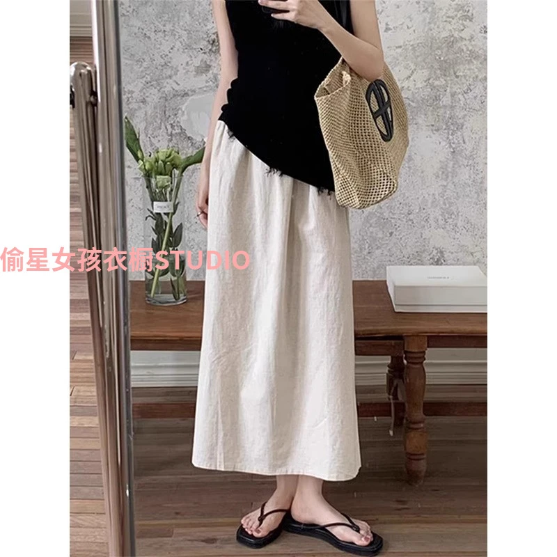 日系复古棉麻半身裙女夏季薄款小个子开叉松紧高腰直筒a字长裙子