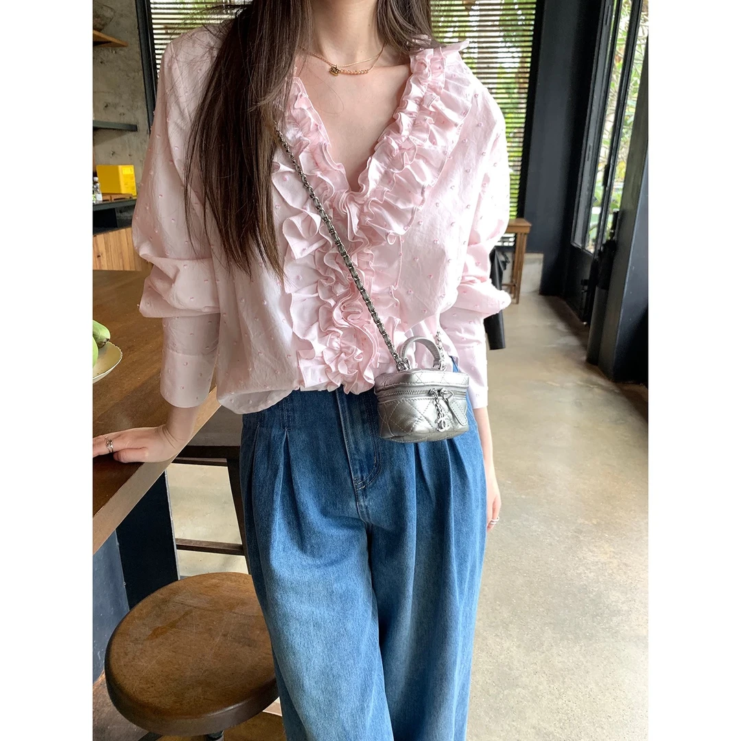 春季新款女装上衣叠穿内搭打底衬衣秋冬荷叶木耳花边v领衬衫