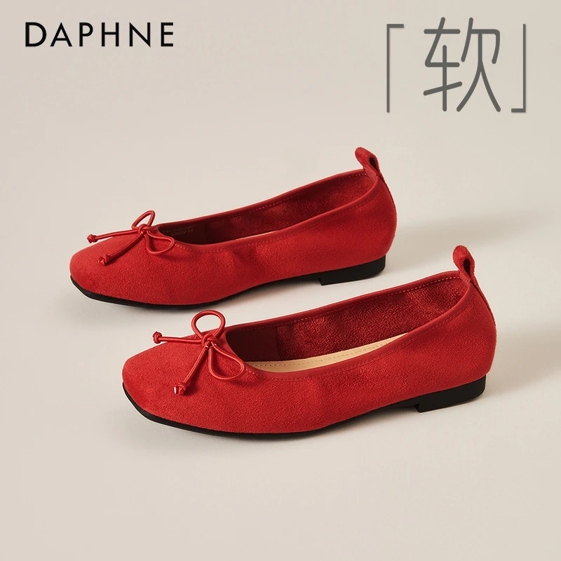 达芙妮超软蛋卷鞋平底单鞋女2025秋季新款红色蝴蝶结芭蕾鞋豆豆鞋
