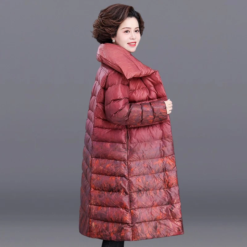 洋气妈妈冬装长款羽绒棉服中老年女花色翻领外套中年过膝棉衣