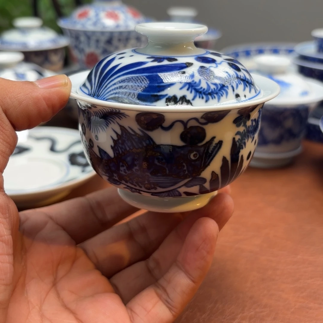 陈***侠盖碗布袋手绘鱼藻纹盖碗景德镇发货