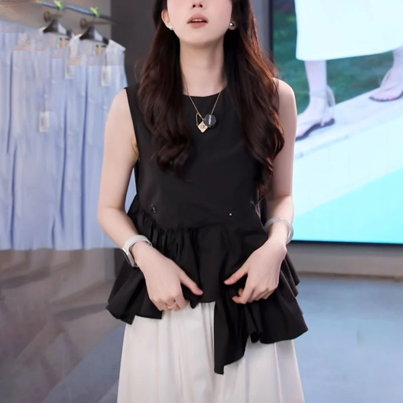 黑色洋气高级感无袖衬衫女2025夏季新款时尚荷叶边不规则气质上衣