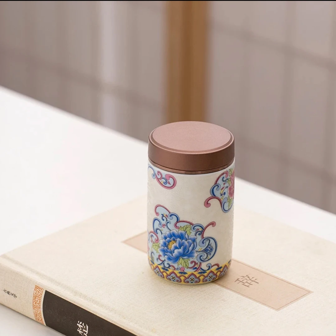 陶瓷茶叶罐锡盖密封罐家用小号便携旅行直筒掐丝银储存罐