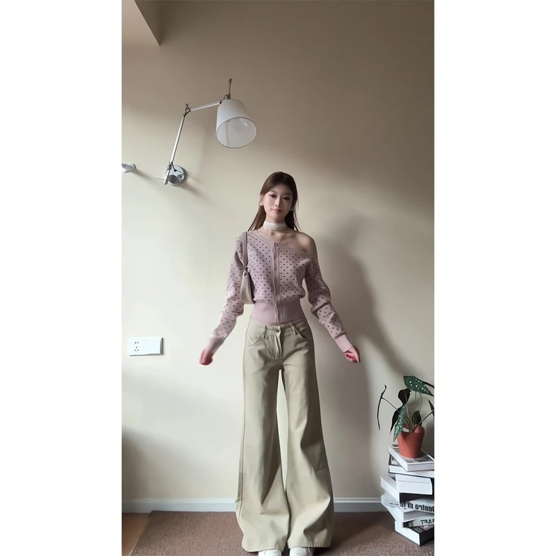 秋季新款辣妹纯欲波点短款针织开衫露肩斜肩上衣直筒宽松阔腿裤女