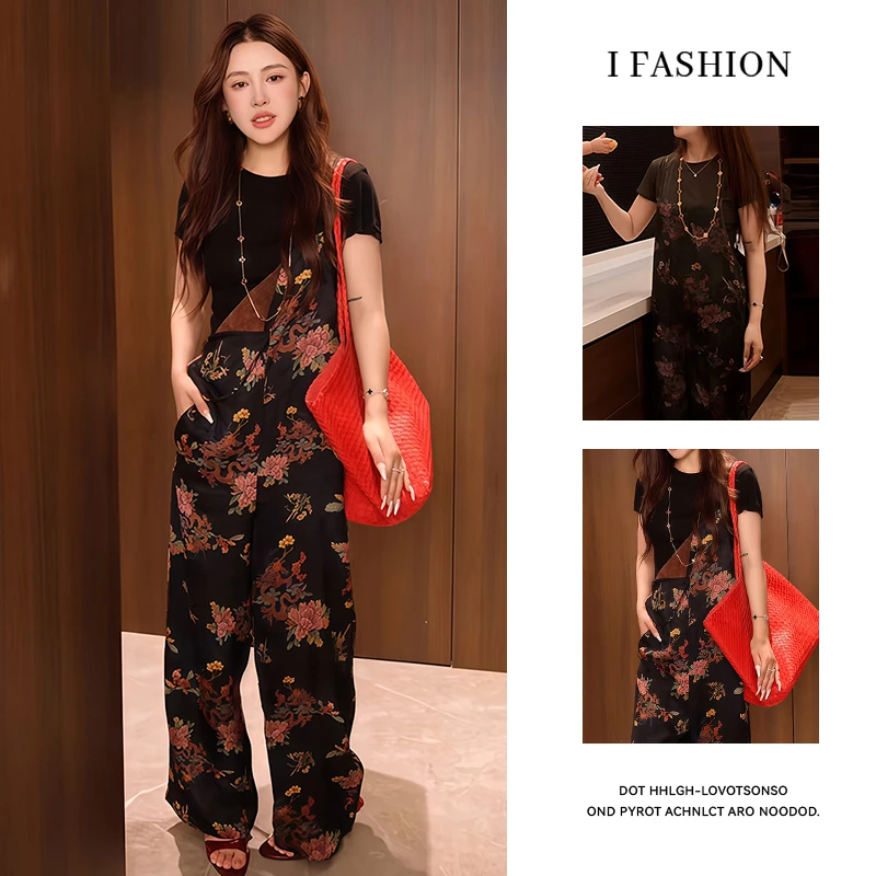 时尚复古中式套装女2025年夏季新款减龄短袖上衣背带阔腿裤两件套