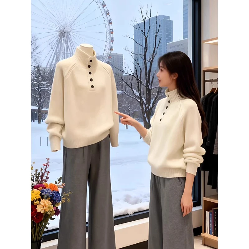 新款小个子白色软糯高领套头毛衣女秋冬季外穿奶fufu厚款针织上衣