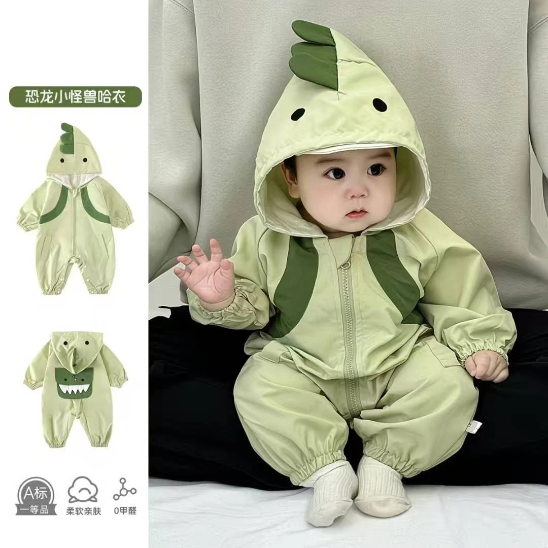 小怪兽加绒冲锋衣婴儿衣服春秋双层连体外套超萌防风保暖洋气外出