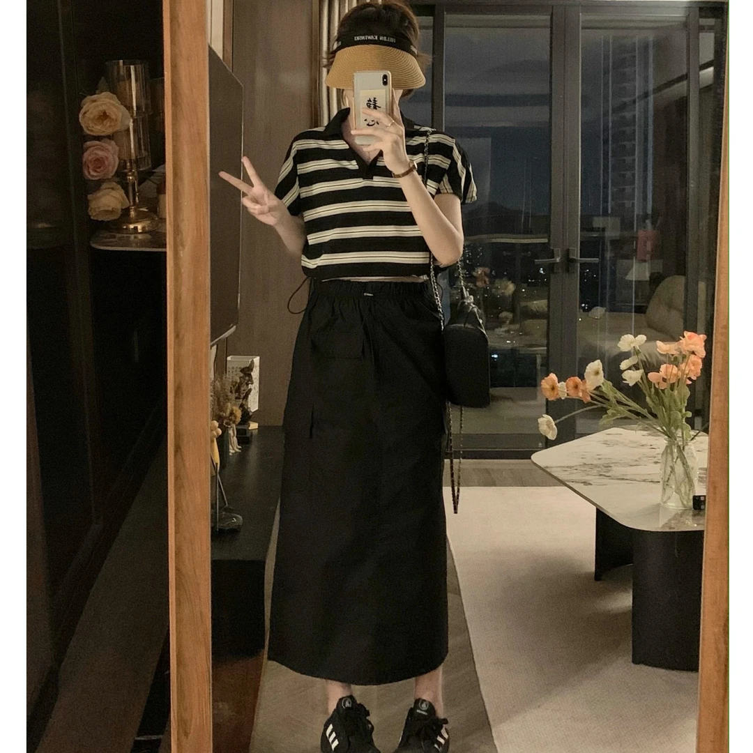大码polo领条纹T恤+中长款高腰显瘦工装半身裙两件套显瘦套装