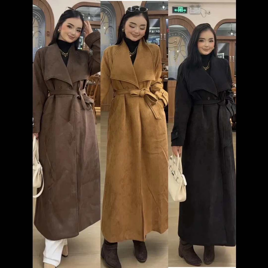 Rayhon韩版复古大翻领腰带显瘦麂皮绒秋季过膝长款风衣外套