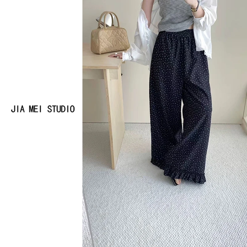 A109韩系复古木耳边阔腿裤女2025秋季松紧高腰显瘦宽松休闲长裤子