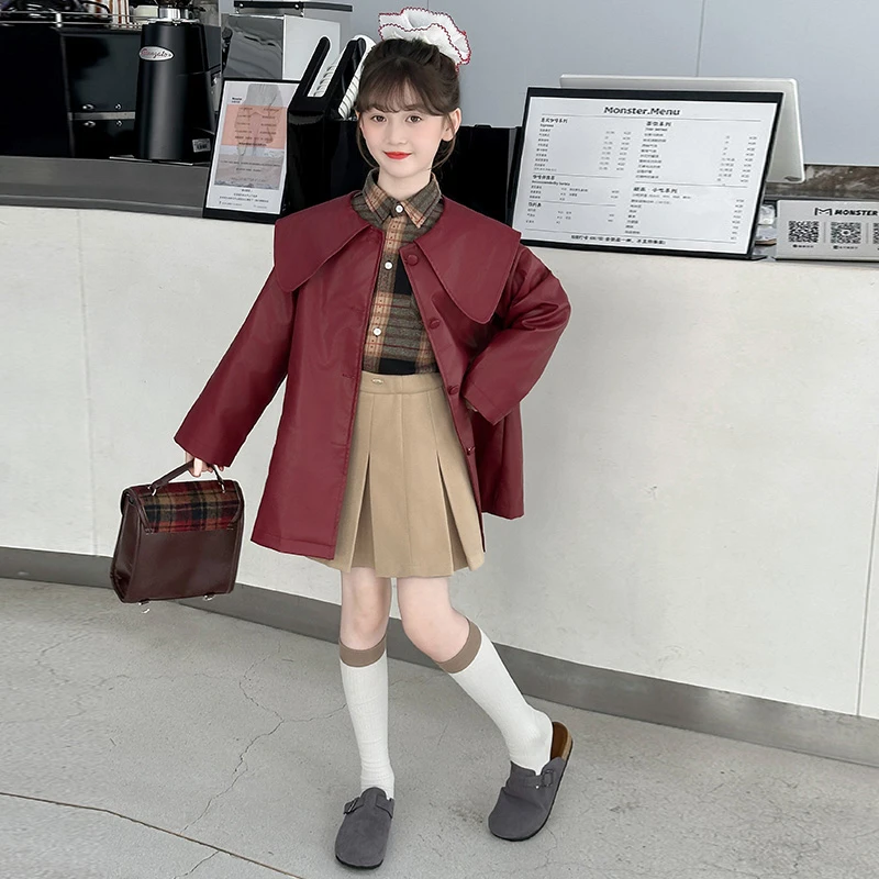 女童秋装新款皮衣中长款森系风衣小女孩翻领皮外套洋气学院风开衫