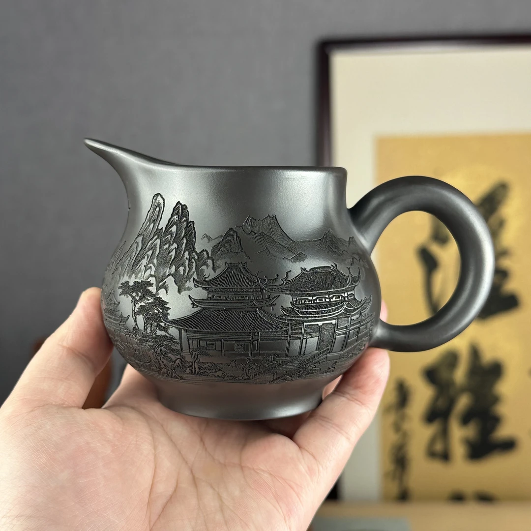 【汇雅馆】宜兴原矿石黄公道杯奶杯刻绘蓬莱仙山图分茶器茶具