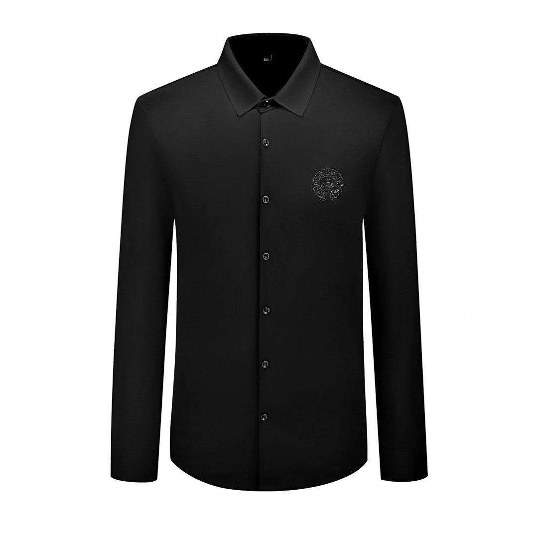 春秋新款潮流高级感时尚休闲修身商务衬衫男士翻领黑色长袖衬衣