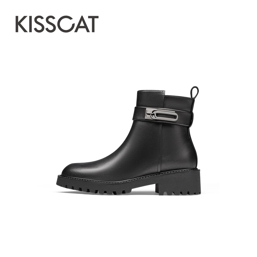 【达人专属】接吻猫新款短靴锁扣通勤增高休闲时装靴KA43702-10