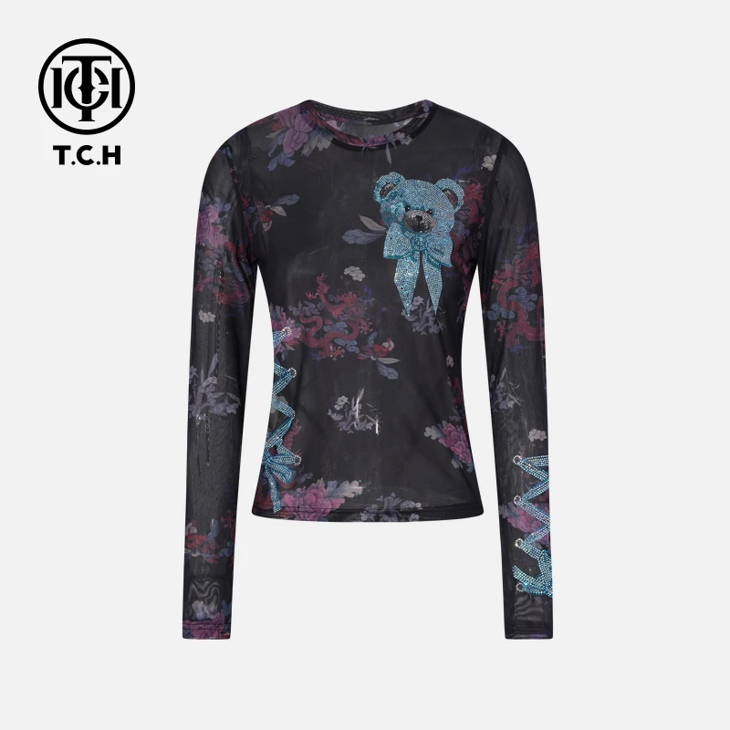 TCH私服烫钻工艺时尚休闲百搭小熊秋款打底衫T75C02E5008轻奢tch