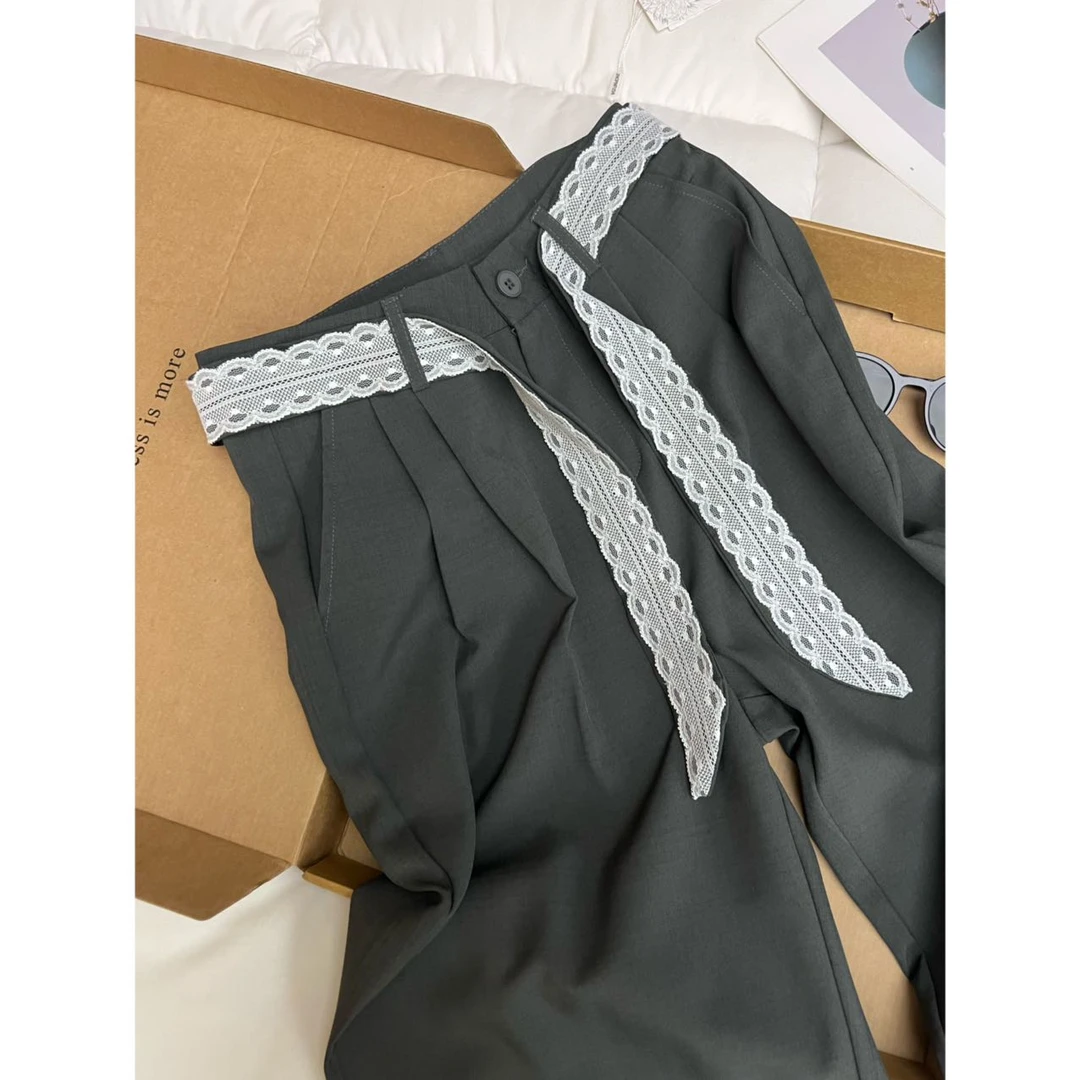 A64灰色西装阔腿裤女2025早秋高腰宽松垂感蕾丝直筒西装裤休闲裤