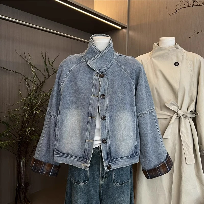2025春季牛仔衣外套新款宽松小个子夹克上衣港风复古格子拼接浅色
