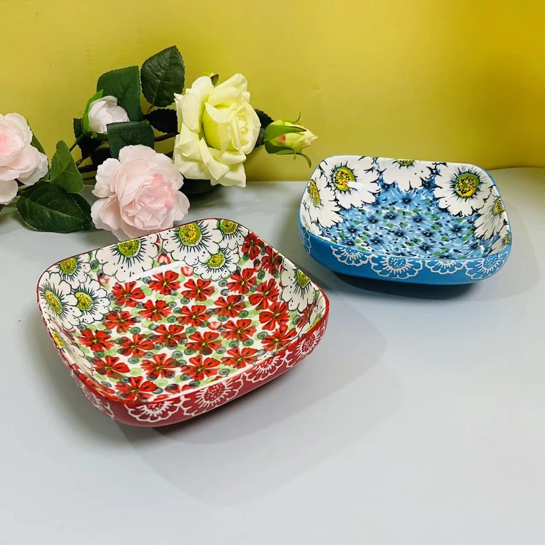 红蓝海洋陶瓷6英寸四方水果零食盘点心盘菜盘2个装