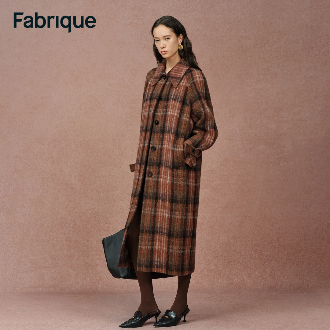Fabrique Cristha 落日橘棕格纹绵羊毛马海毛翻领微茧型长款大衣