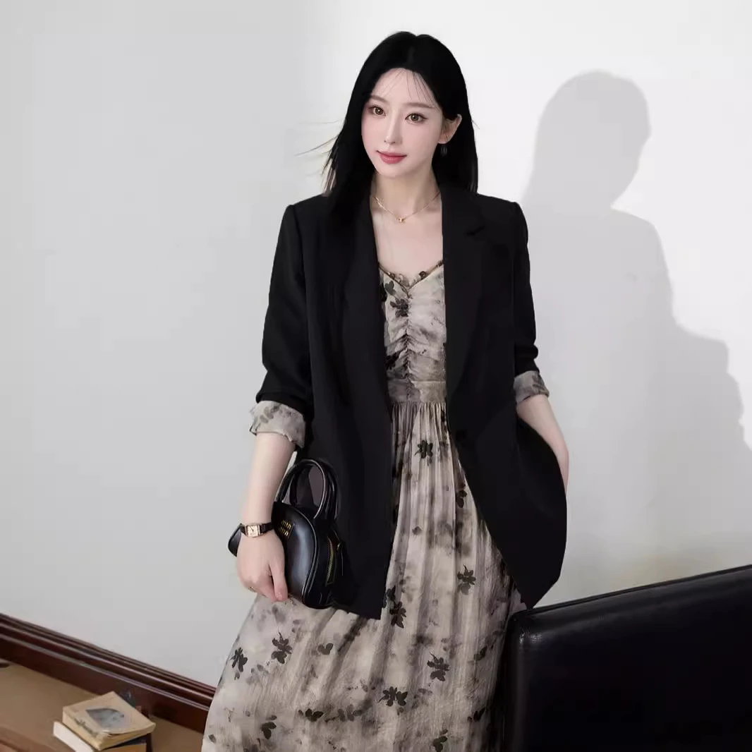 大码女装春秋新款微胖mm时尚套装小西装外套显瘦吊带连衣裙两件套