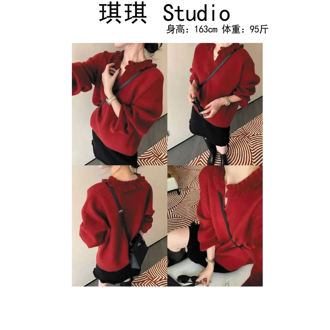 《琪琪家》冬季新款重工设计小v花边领舒适亲肤减龄百搭上衣9180-Y