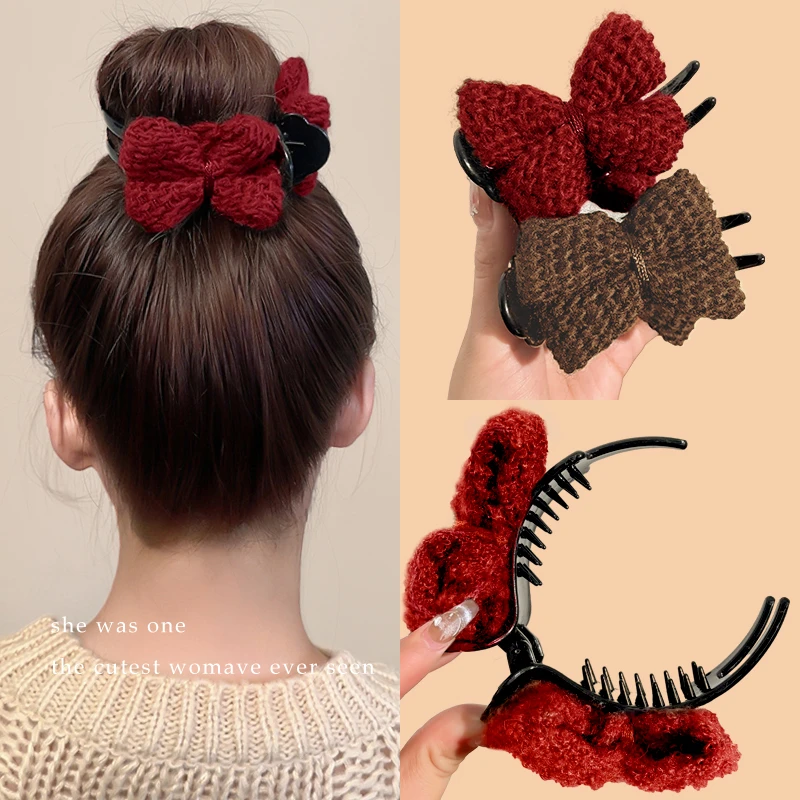 红色丸子头发饰蝴蝶结抓夹高马尾发夹后脑勺盘发神器夹子发卡头饰