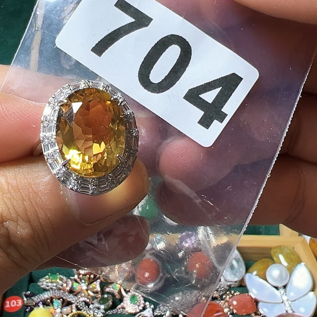黄晶戒指银S925镶嵌小*