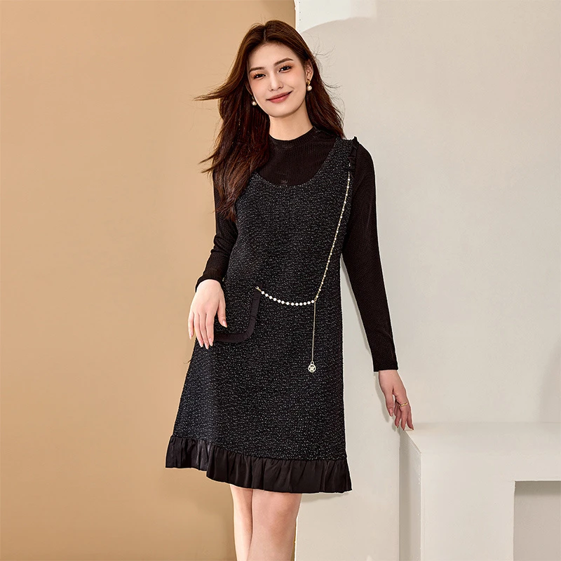【SZ】2025年秋季新款大码女装气质圆领裙子胖妹妹拼接假两件连衣