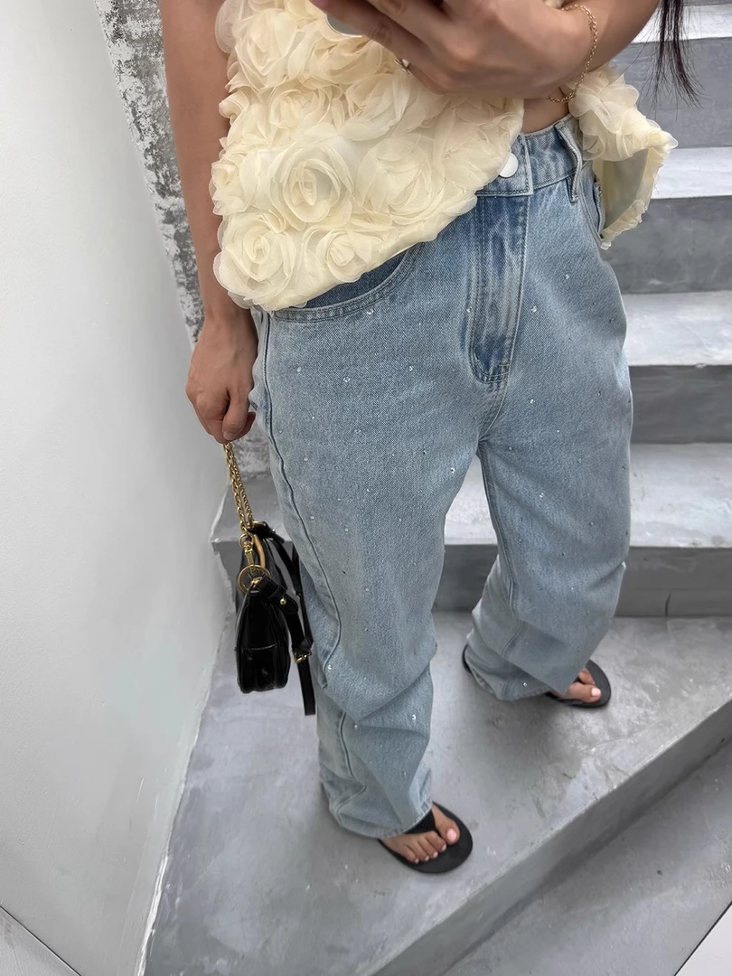 【清】NO退换ONEXH·IN choose u2025 工艺贴钻牛仔裤韩版显瘦直筒裤