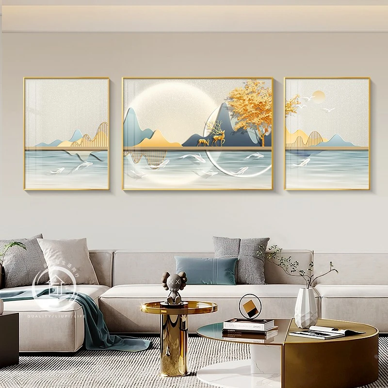 轻奢抽象客厅装饰画福鹿金山高档三联壁画现代沙发背景墙大气挂画