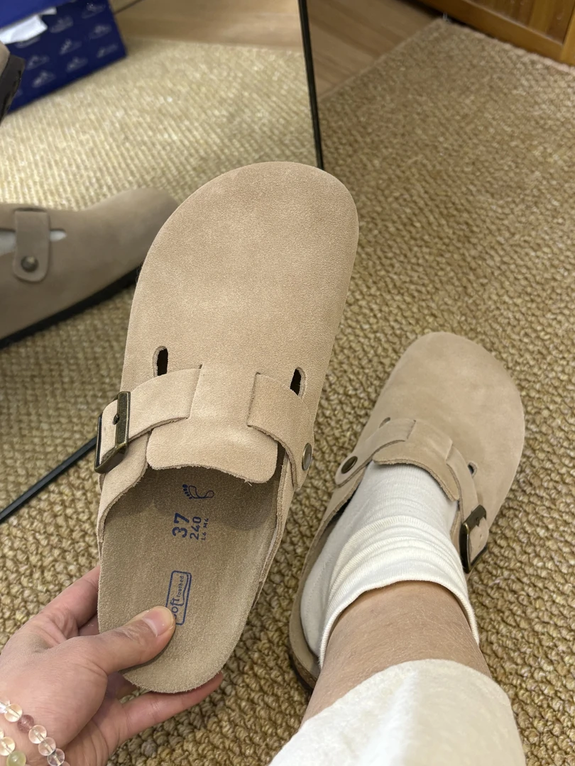 对版【半拖勃肯鞋】真皮真软木～牛皮半拖情侣款夏博肯平底懒人拖鞋