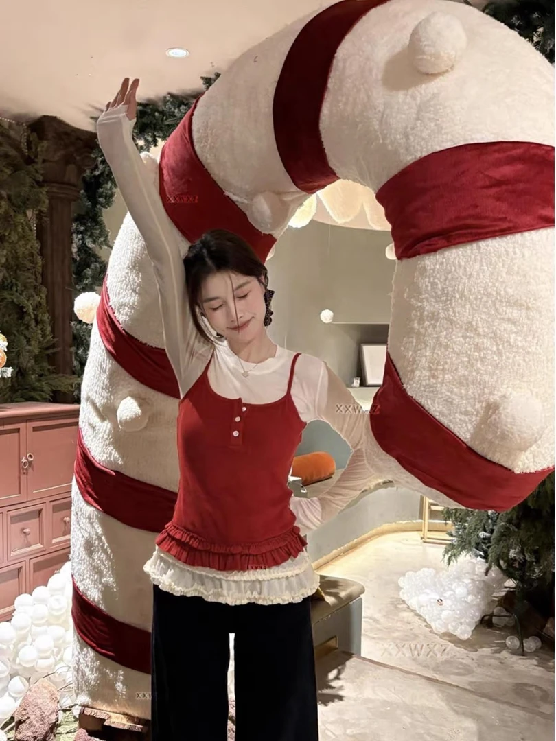 韩国东大门早春款甜美木耳边拼接长袖打底衫+吊带叠穿背心两件套