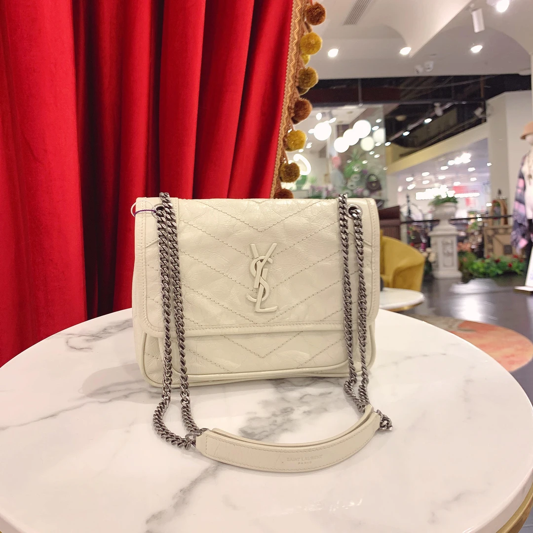 95新 YSL/圣罗兰 GGS圣罗兰Niki小号白色银扣油蜡牛皮79517331