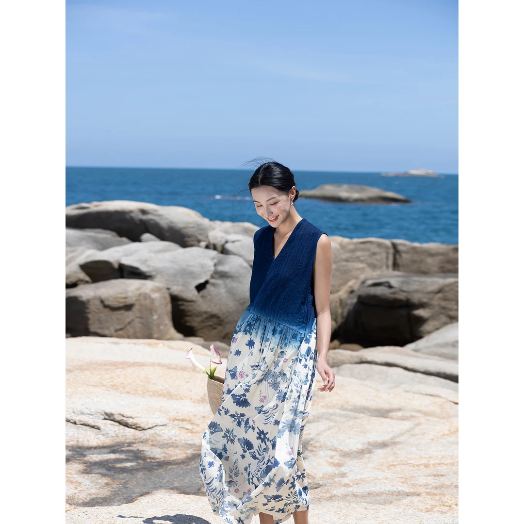 牧衣游 吊蓝染印花100支纯棉连衣裙新款无袖文艺宽松长裙 城烟雨