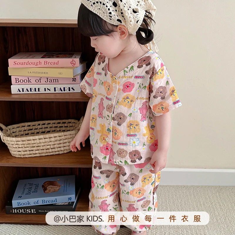 宝宝夏季纱布睡衣纯棉薄款儿童空调衫婴儿韩版家居服男女套装