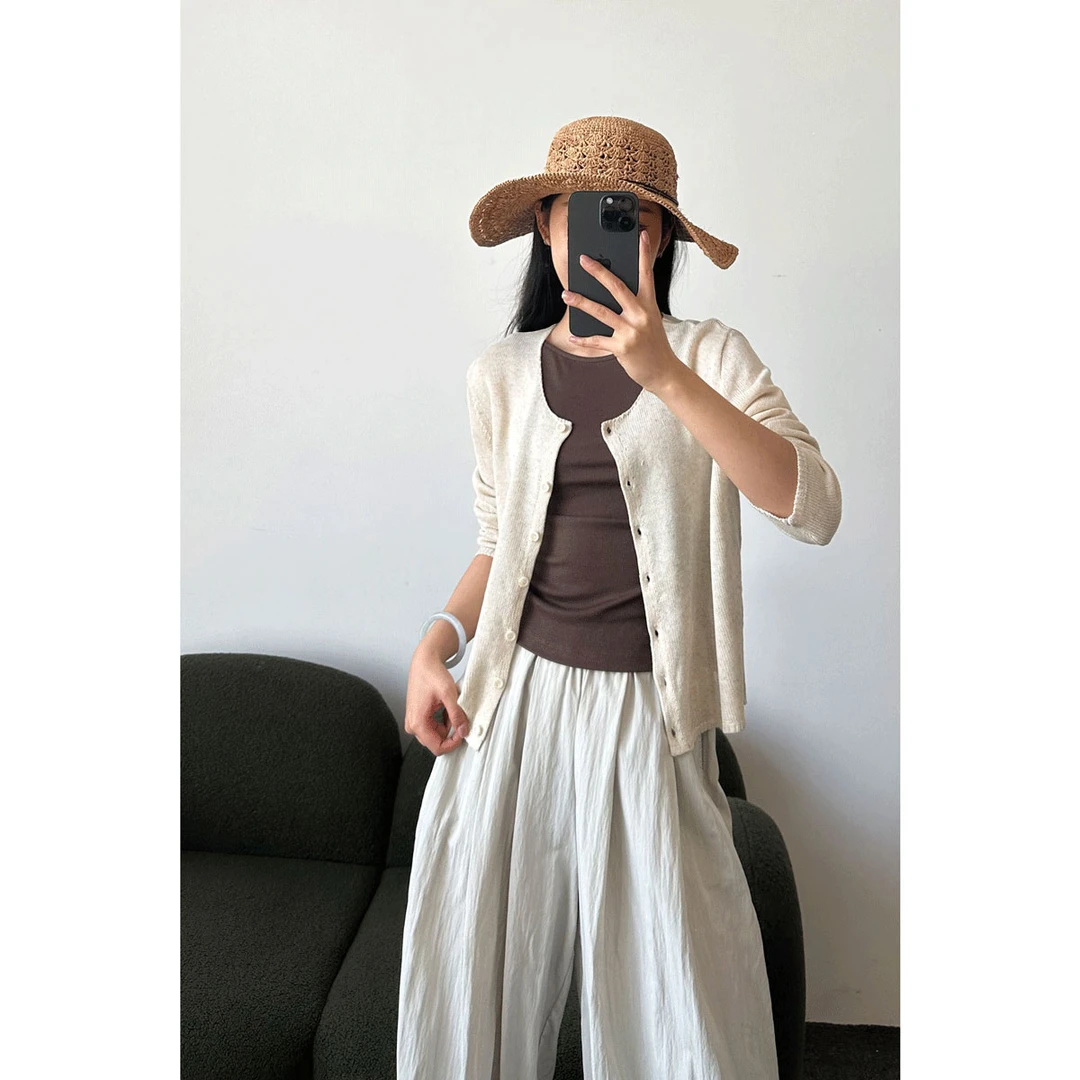 亚麻+莱赛尔混纺 女士纯色系圆领长袖薄外套 34342