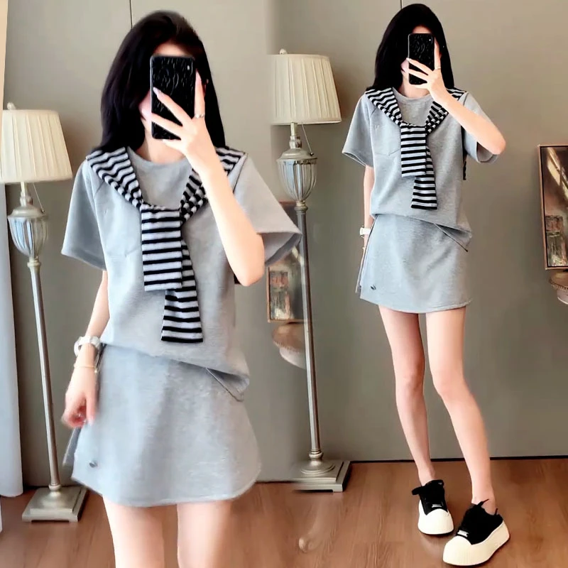 时尚小个子套装女2025年夏季新款休闲减龄宽松短袖t恤裤裙两件套