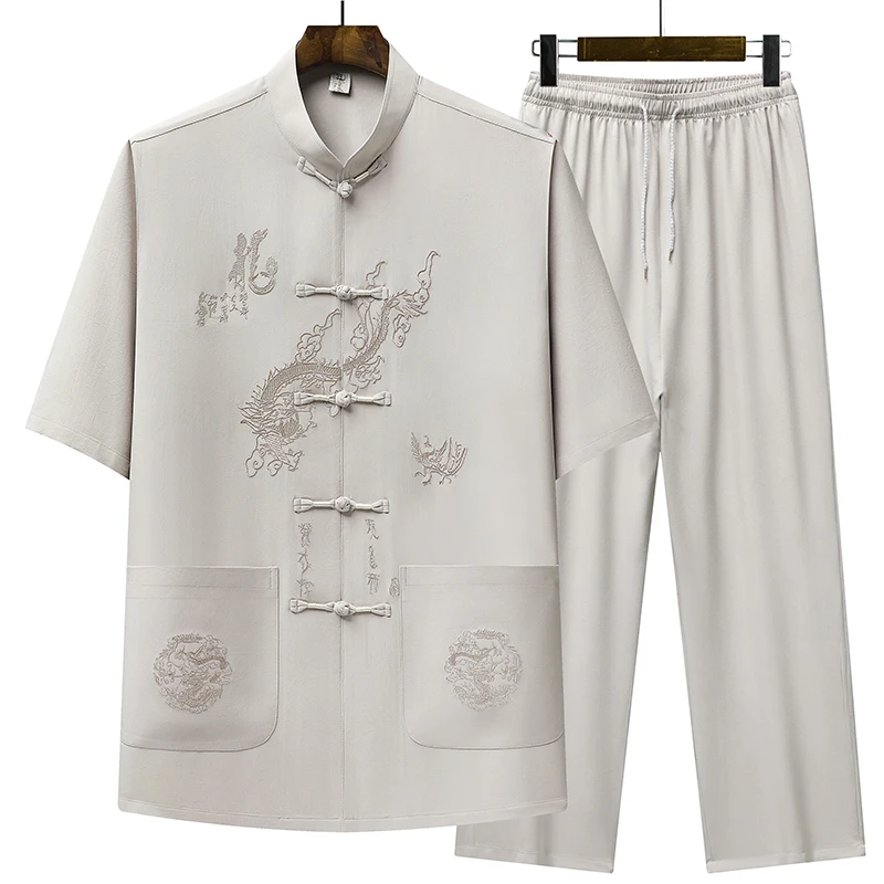 中老年爸爸冰丝唐装休闲宽松中式套装男士夏季薄款短袖衬衫两件套