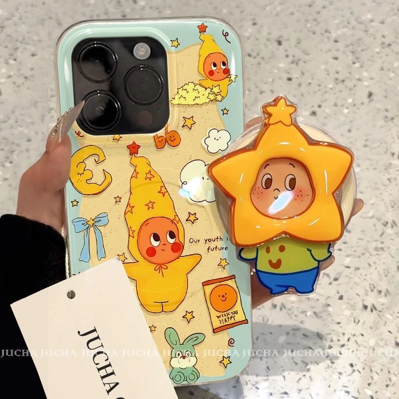 适用童趣星星人偶苹果16promax手机壳支架背贴iphone15高级感14可