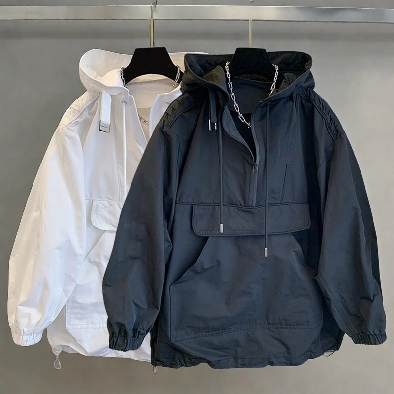 潮牌纯色连帽冲锋衣外套春秋韩版拼接透气工装男女款时尚风衣冬季