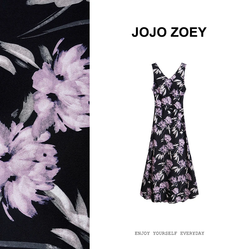 JOJO ZOEY【清仓NO退换】紫娇花园~印花无袖醋酸缎连衣裙lyq-3801