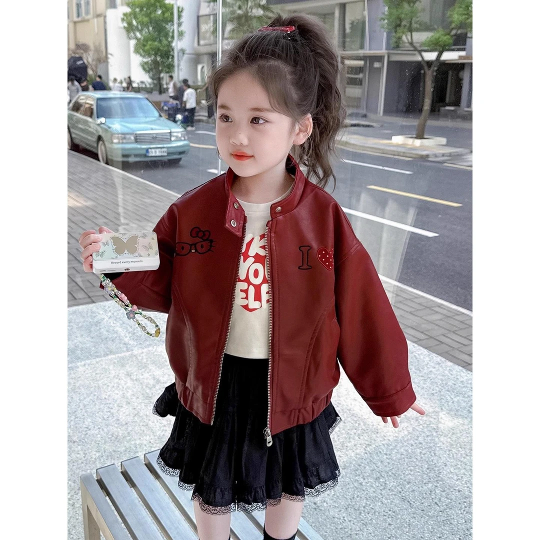 儿童春秋季新款洋气2025高端女童长袖皮衣红色外套女宝宝秋装外穿