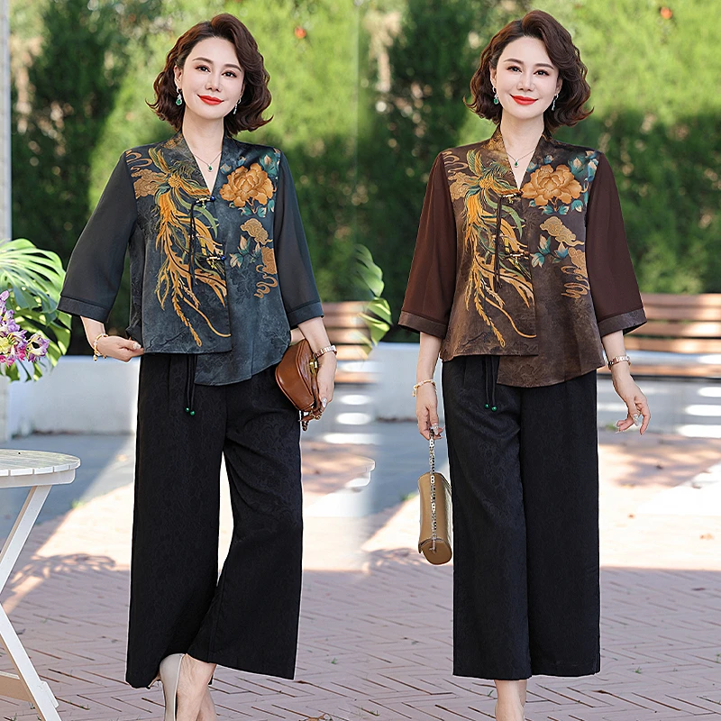 中年妈妈气质国风套装2025新款洋气中老年女装夏季时尚中式两件套