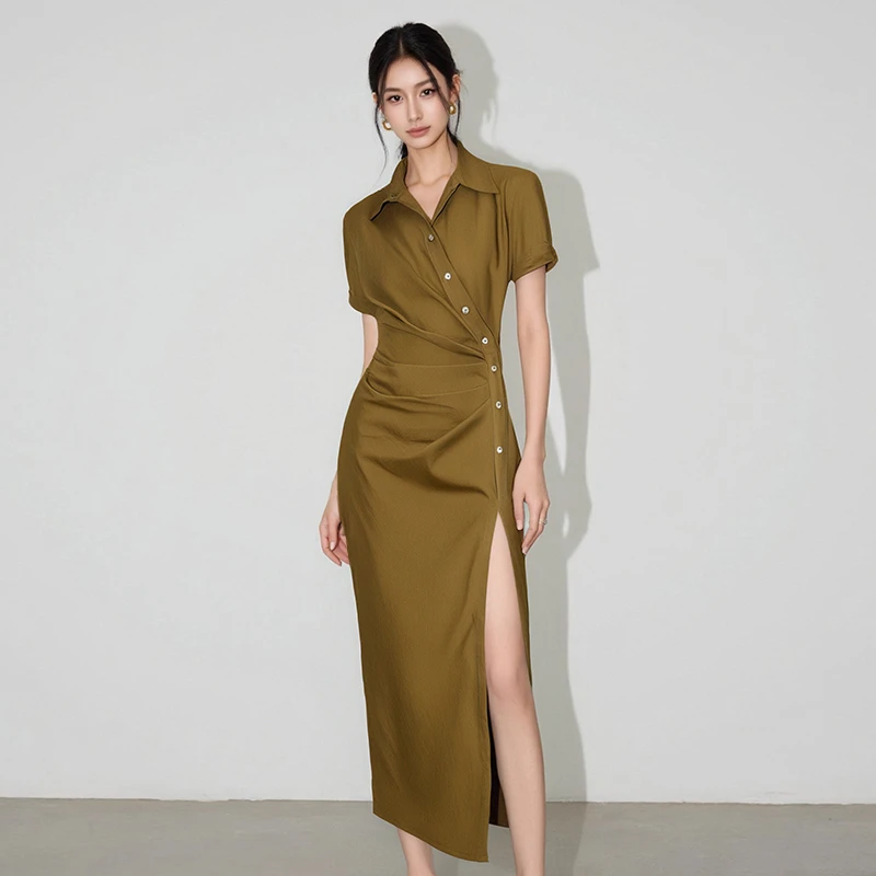 法式褶皱收腰显瘦连衣裙夏季辣妹风中长款设计感衬衫裙HBZC641023