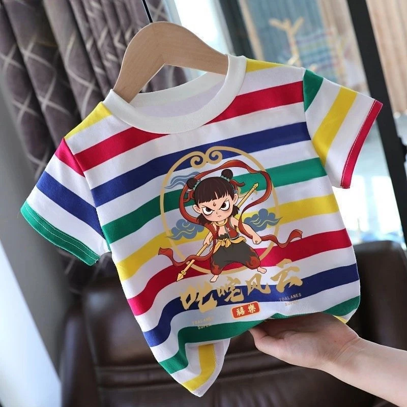 夏季纯棉儿童新款条纹短袖T恤卡通哪吒男童女童短袖宝宝条纹上衣