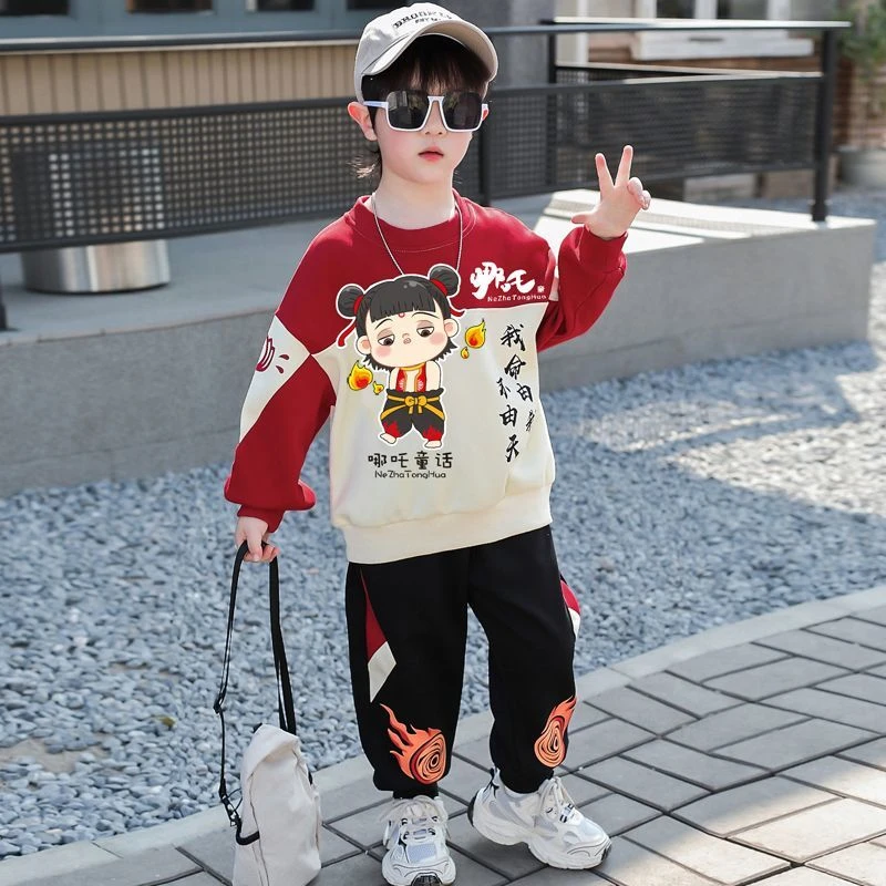 儿童哪吒卫衣套装秋季新款男女童卡通风长袖长裤中小童时髦休闲装