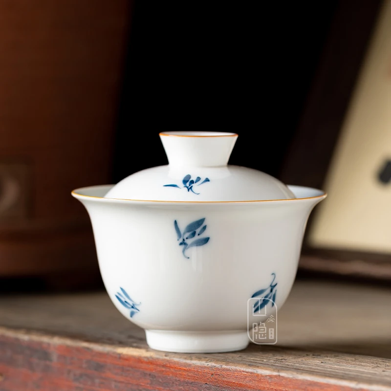 手工陶瓷中式手绘兰花白瓷釉下彩茶盖碗功夫茶具简约防烫瓷盖碗